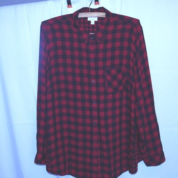 J Jill Buffalo Check Soft Flannel Shirt Long Roll Tab Sleeves  Rounded Hem - Picture 7 of 16